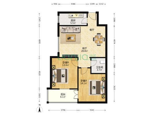 东方世纪城 2室1厅1卫 98平方