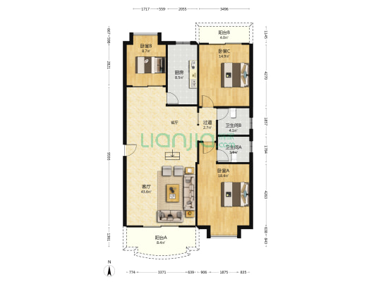雨桐苑 3室1厅2卫 129平方