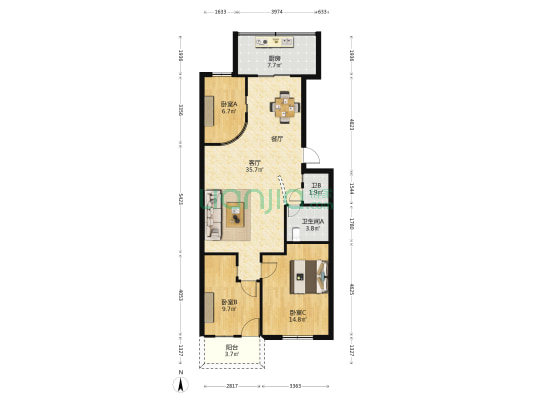 汽车城宿舍 3室1厅2卫 90平方