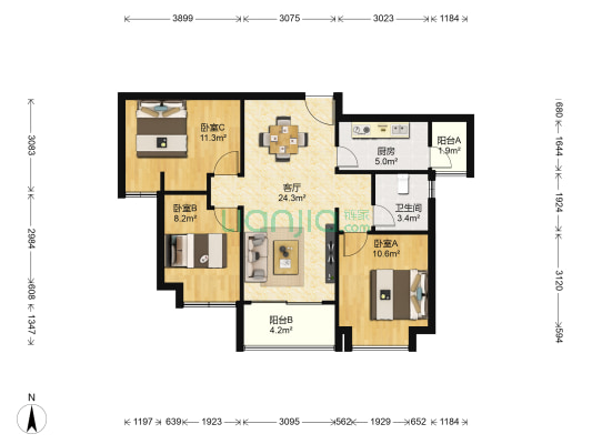 合景叠翠峰一期 3室1厅1卫 89平方