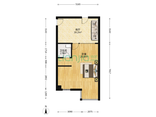 长房中庭国际 1室1厅1卫 72平方