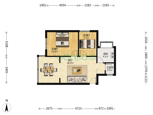 昆明精神卫生中心职工宿舍 2室1厅1卫 62平方