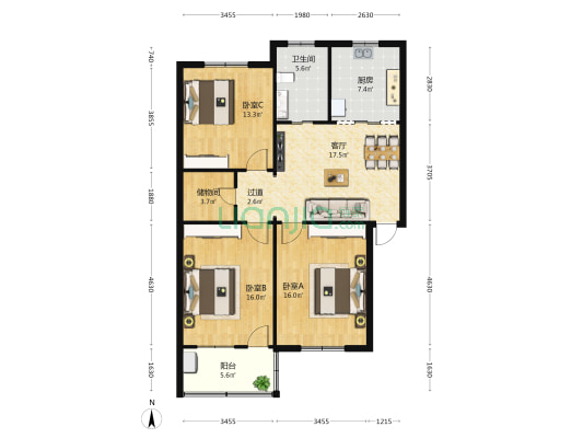 樱花小区 3室1厅1卫 104平方