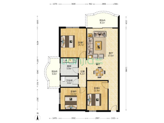 麦地南二路6号 3室1厅1卫 120平方