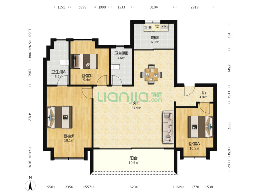 悦印风华 3室1厅2卫 128平方