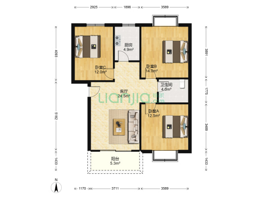 楠博苑二期 3室1厅1卫 90平方