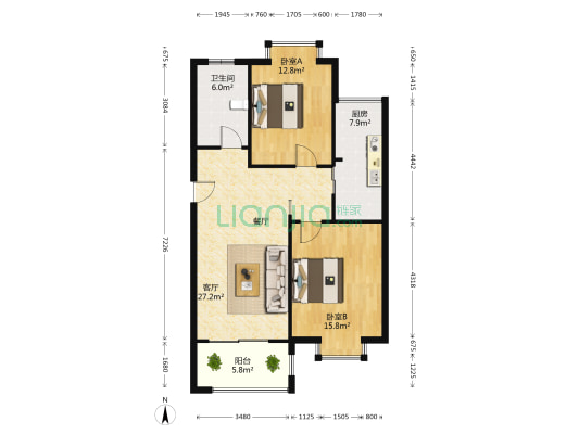 望湖名都 2室1厅1卫 87平方
