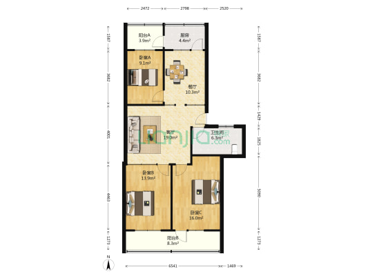 创业公司宿舍 3室2厅1卫 120平方