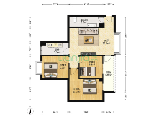 金亿皮具城 3室1厅1卫 97平方