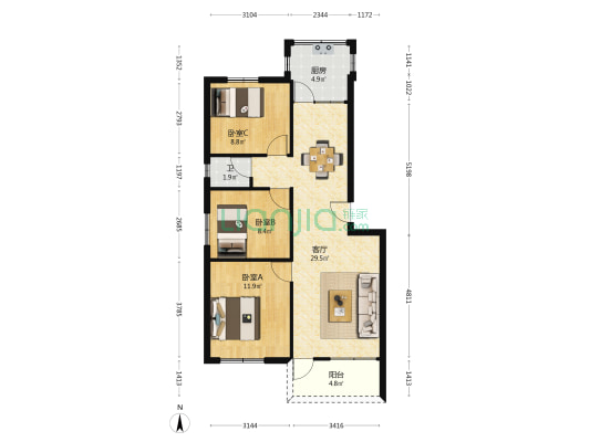 洙泗村 3室1厅1卫 85平方