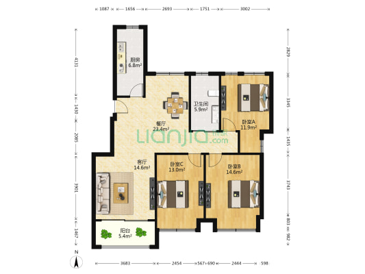 华盛沁园 3室2厅1卫 106平方