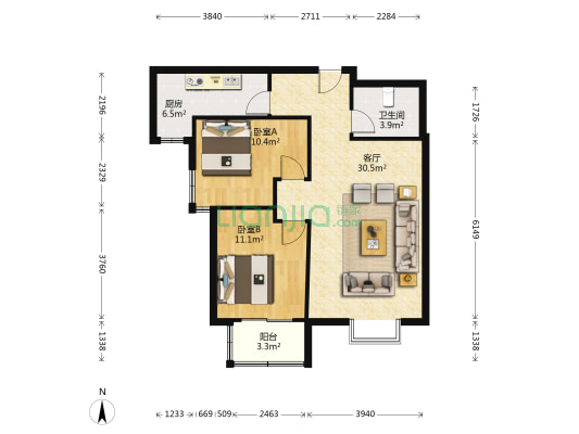 精装朝南两居室，本满税低，城区华阳路旁-户型图
