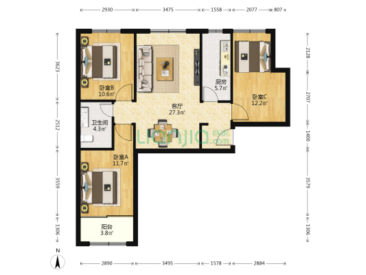想象国际北区 3室1厅1卫 93平方