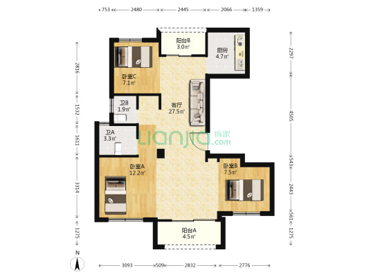 新华锦苑 3室1厅2卫 120平方