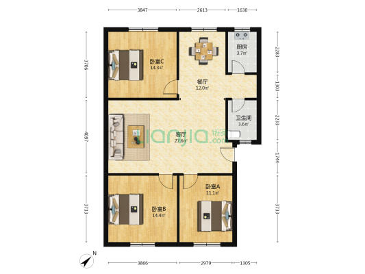 针纺公司 3室2厅1卫 107平方