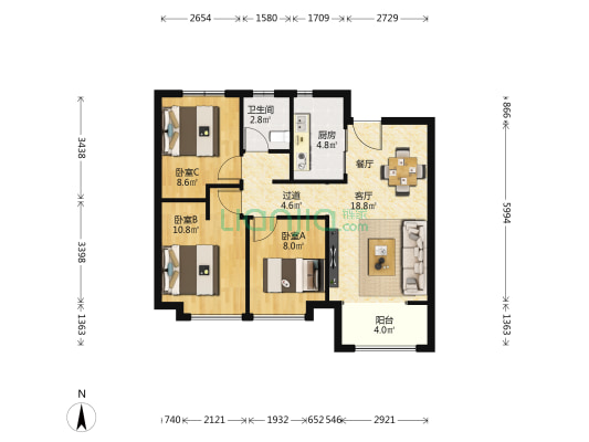 招商城市主场 3室1厅1卫 90平方