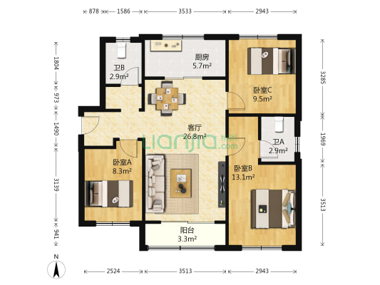 万科金色悦城 3室1厅2卫 107平方