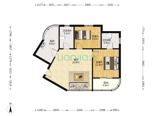 东方明珠大宁公寓 2室1厅2卫 95平方
