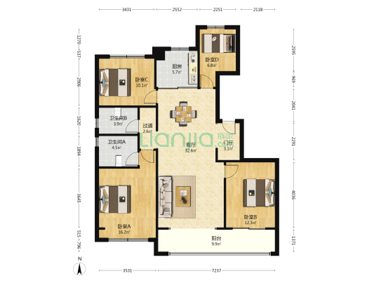 宸风云庐A区 4室1厅2卫 138平方