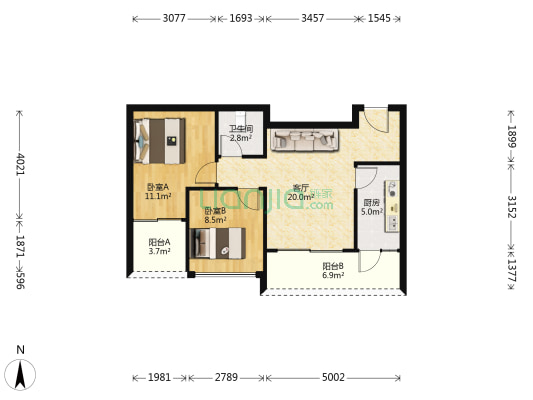 创客公寓 2室1厅1卫 77平方
