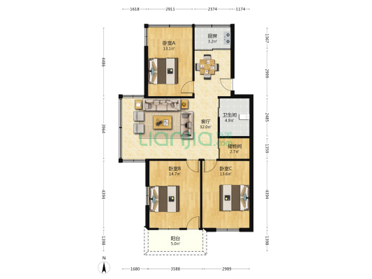 丰泰小区 3室1厅1卫 98平方