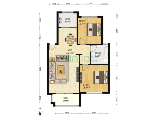 左邻右里 2室1厅1卫 90平方