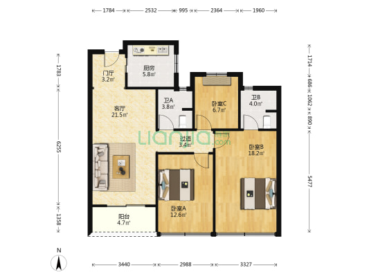 君品名邸 3室1厅2卫 102平方