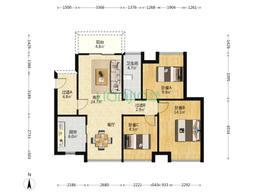 珠光山水诚品 3室1厅1卫 97平方