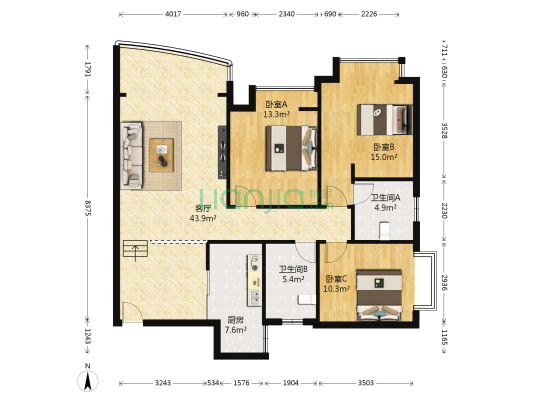 楠竹苑 3室1厅2卫 115平方