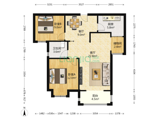 中国核建锦城 2室2厅1卫 92平方