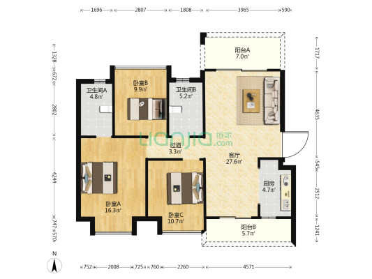 颐华府 3室1厅2卫 117平方