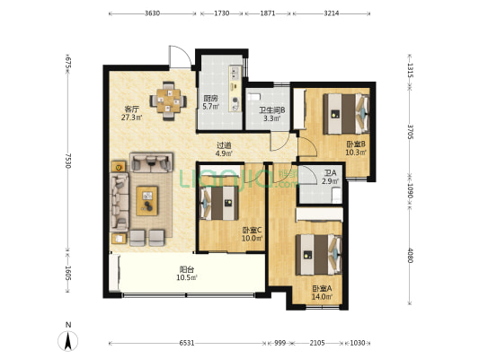 民发庞公别苑B区 3室1厅2卫 109平方