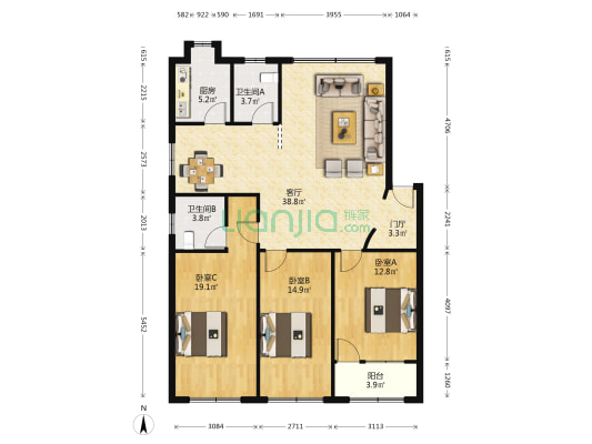 桂花路华天宿舍 3室1厅2卫 120平方
