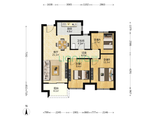 正黄未来天辰苑 3室1厅1卫 89平方