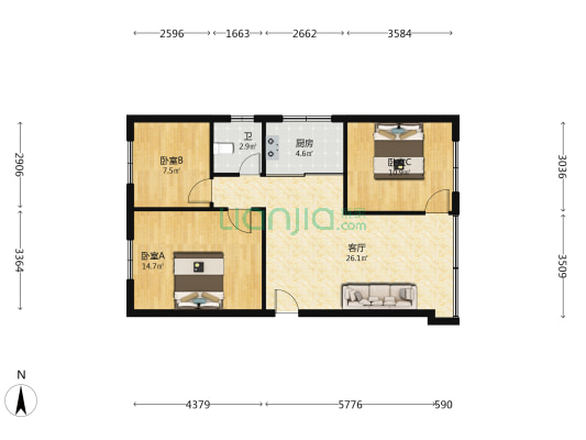 中医院宿舍 3室1厅1卫 79平方