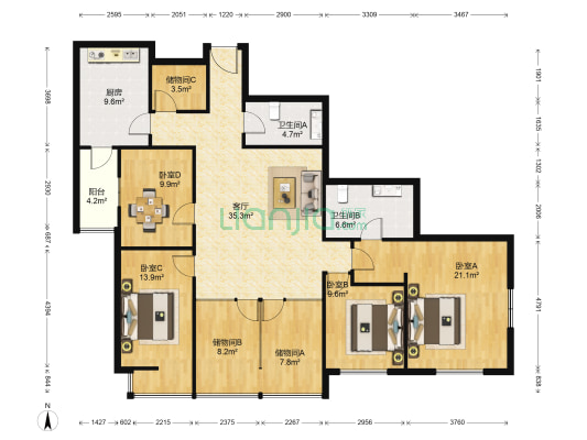 现代城 4室1厅2卫 187平方