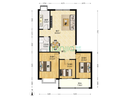 陽光地带 3室1厅1卫 106平方
