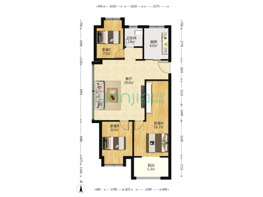 龙湖春江天玺南区 3室1厅1卫 93平方