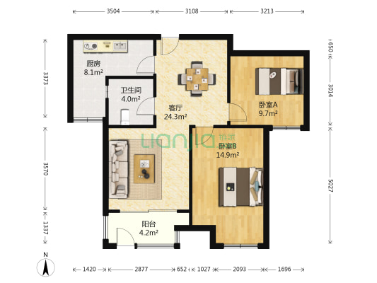 新湖明珠城紫桂苑东区 2室1厅1卫 88平方