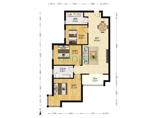 宗大广场 3室1厅1卫 110平方