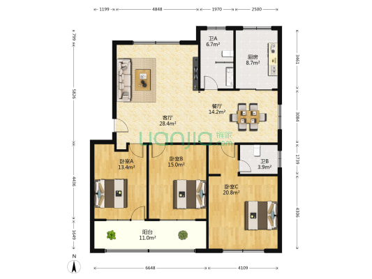 卫生局住宅楼 3室2厅2卫 140平方