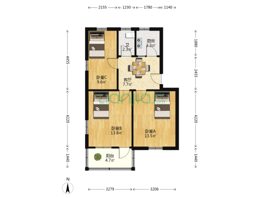 南杨路348号 3室1厅1卫 67平方