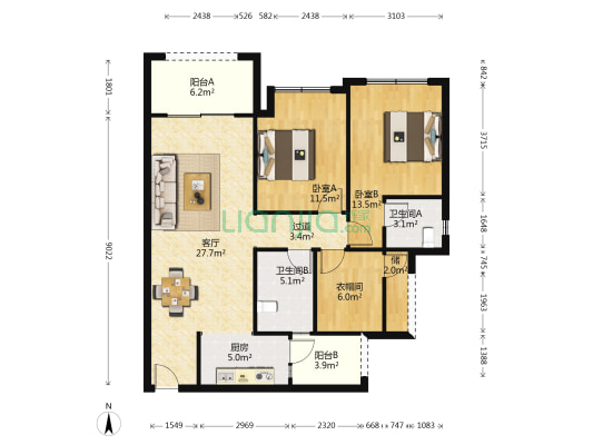 拉菲公馆A区 2室1厅2卫 109平方