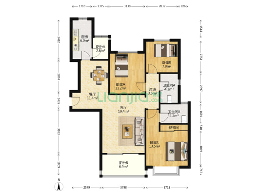 恒大翡翠华庭A区 3室2厅2卫 123平方