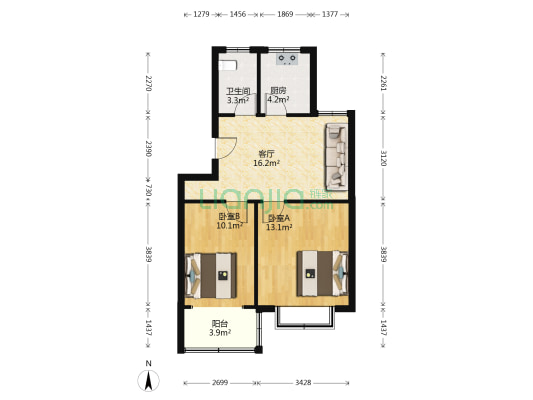东虹花苑H区 2室1厅1卫 66平方