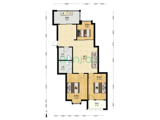 市体育运动宿舍 3室1厅2卫 88平方