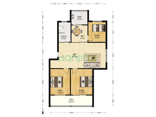 卫生路12号院 3室2厅1卫 104平方