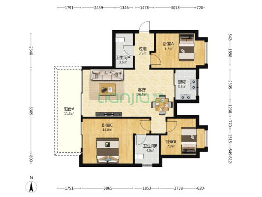 鲁能公馆 3室1厅2卫 103平方
