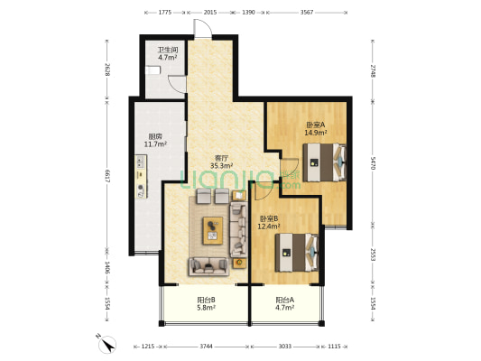 金地苑 2室1厅1卫 108平方