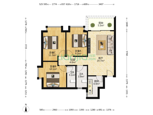 尚山佳境 3室1厅2卫 88平方